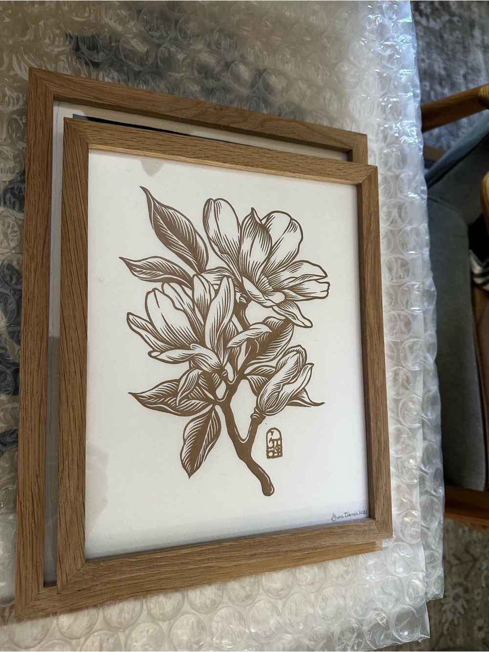 Botanical Magnolia Wall Art in Brown and White Wood Frame